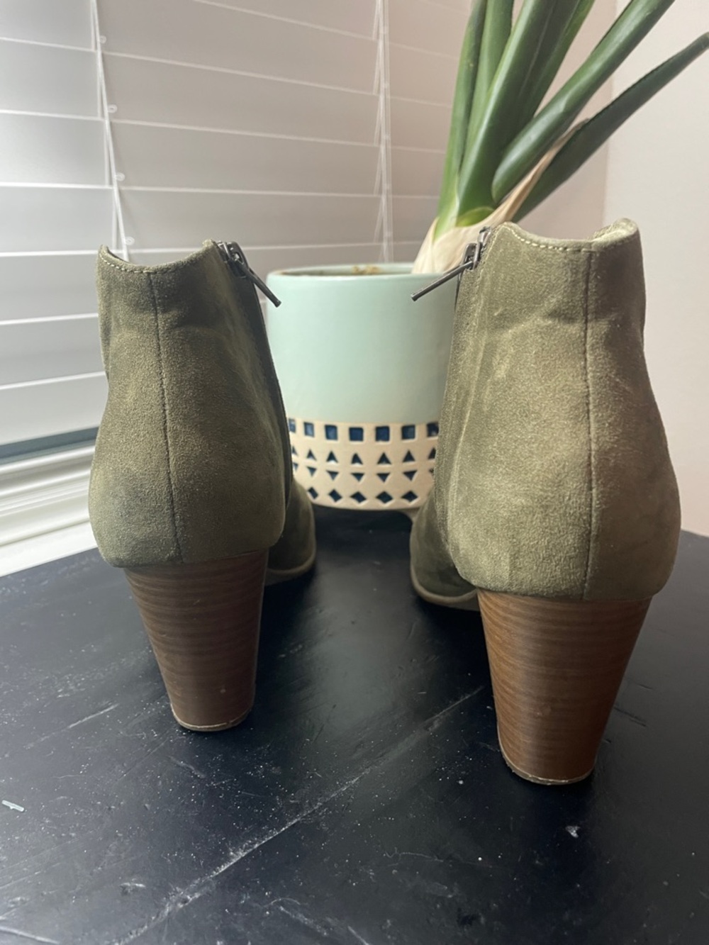 Old Navy Olive Suede Ankle Booties with Stacked Heel - Picture 4 of 7